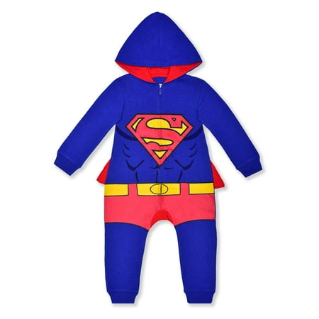 

WARNER BROS DC Comics Superman or Batman Boys’ Zip Up Hooded Long Sleeve Romper for Newborn Infant and Toddler - Blue or Black