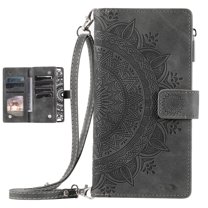 Crossbody Wallet Phone Case for Samsung Galaxy S21 FE, ELEHOLD Embossed PU Leather Zipper Pocket Folio Flip Case with Wrist / Shoulder Strap for Samsung S21 FE,Gray