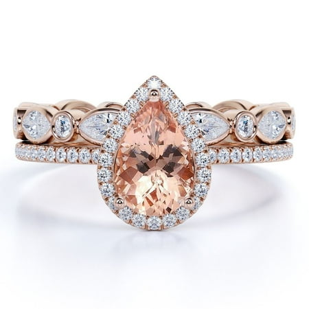 JeenMata 2.5 Carat Pear Cut created morganite and Moissanite Antique Halo Wedding Set On 18K Rose Gold Over Silver