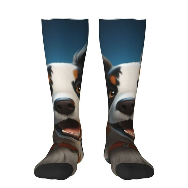 Fotbe Playful Smile Cute Dog Calcetas Divertidas Estampadas para Hombre y Mujer, Calcetas de Algodón hasta la Rodilla para Caminar, Correr, Enfermería y Embarazo