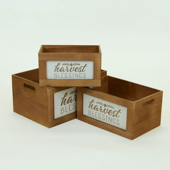 Set Of 3 Brown With Handles 'Harvest Blessings' Crates