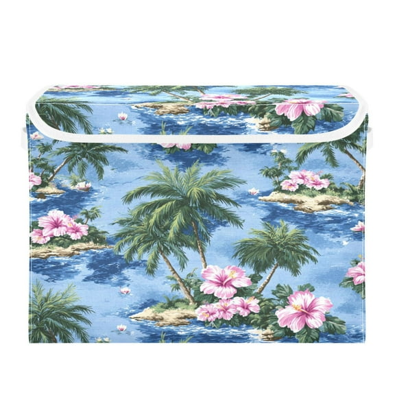 Large Collapsible Storage Box Flip Lid Fabric Decorative Organizer Container Basket with Handles 16.5×12.6×11.8in Small Islands and Beautiful View