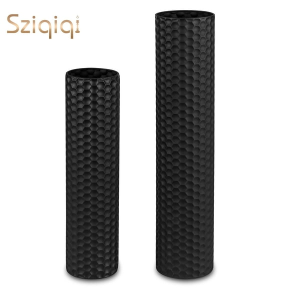 Sziqiqi 27.6" & 21.7" Tall Metal Floor Vases Set of 2: Modern Black Honeycomb Texture Cylinder Vases for Living Room, Bedroom, Office Decor - Wide Mouth Design for Dried Flowers