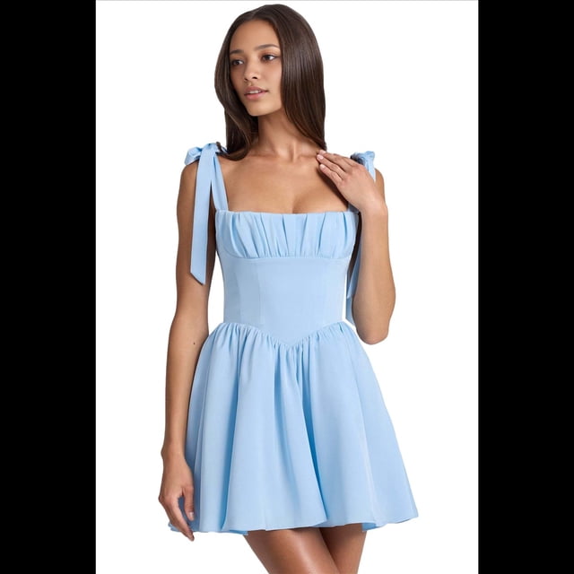 Vestido Camisola Holgado con Fruncido y Corte en A, con y Lazo en los Hombros. Azul S