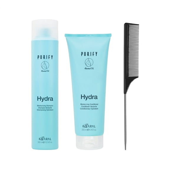 Kaaral Purify Hydra Moisturizing Shampoo 10.14 Oz and Conditioner 8.5 Oz Duo Set, Hydrating Moisture Sweet Almond Oil and Rice Extract for Dry Hair (with Free Tail Combs)