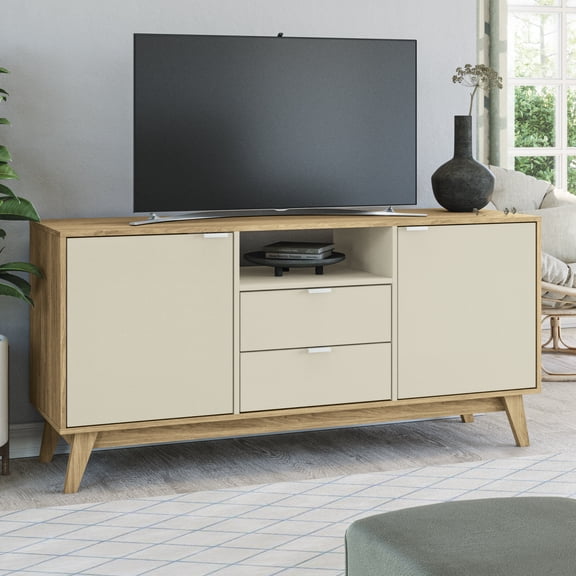 Kappesberg Chicago Light Brown/Cream 59"W TV Stand with Drawers, Doors & Cable Storage