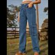 thumbnail image 4 of Pantalones Cargo de Cintura Alta para Mujer, Pantalones Casuales de Pierna con 6 Bolsillos. Azul L, 4 of 7