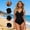 Black, variant on Womens One Piece Tummy Control Swimsuit Slimming Solid Color Backless Bathing Suit Retro Swimwear with Adjustable Strap