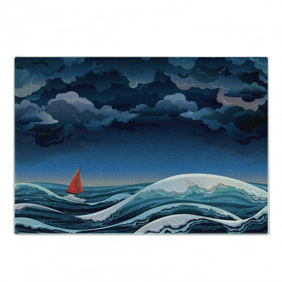 Sailboat Cutting Board, Night Seascape with Sailboat and Stormy Dramatic Sky Cartoon Illustration, Decorative Tempered Glass Cutting and Serving Board, Small Size, Petrol Blue Teal, by Ambesonne