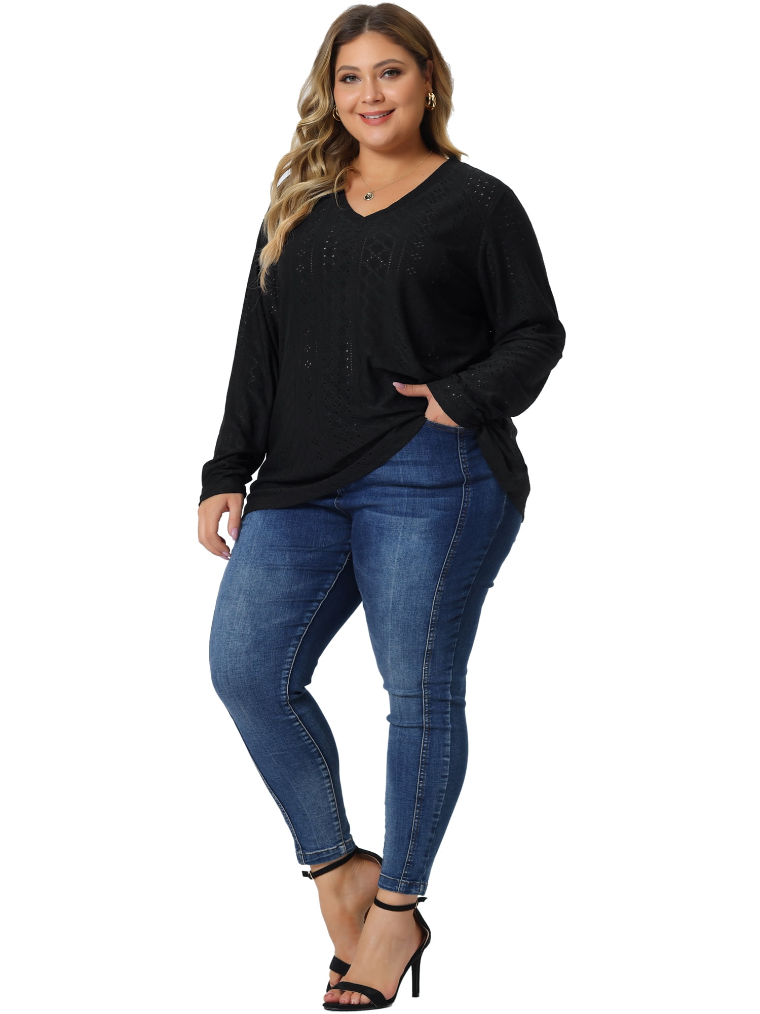 Unique Bargains Women's Plus Size V Neck Long Sleeve Hollow Blouse Tunic Tops 1X Black
