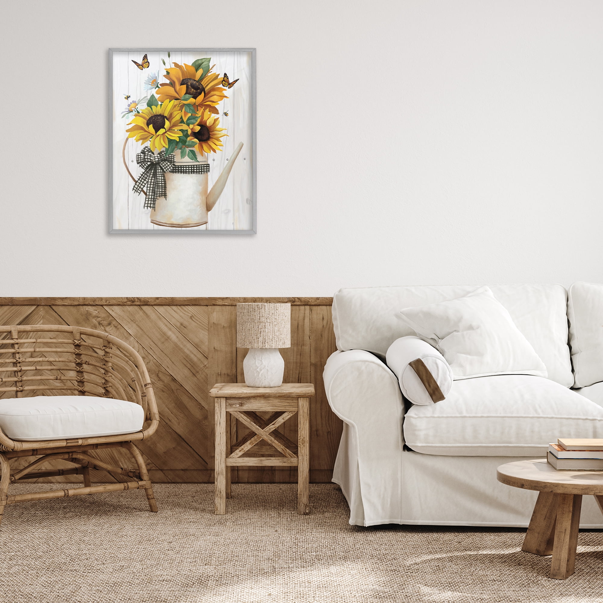 Stupell Industries Sunflower Trio in Watering Can Gray Framed Giclee Art, design by Lucca Sheppard