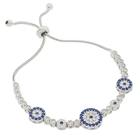 Pori Jewelers Blue CZ Sterling Silver Clover and Evil Eye Friendship Bolo Adjustable Bracelet