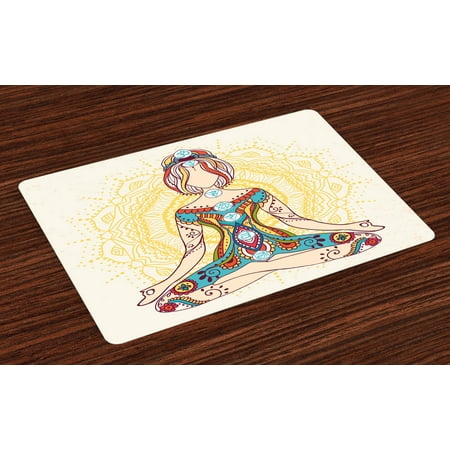 Chakra Placemats Set of 4 Ornate Female on Lotus Pose with Spots Points on the Body Sacred Pulses Floral Print Art, Washable Fabric Place Mats for Dining Room Kitchen Table Decor,Multi, by (Best Place To Find Pussy)