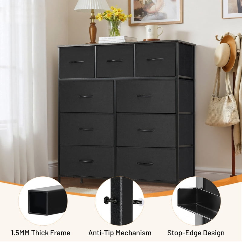 Sybels Storage Dresser with 9 Drawers, Anti-Tip Fabric Chests Organizer Tower Furniturefor Bedroom, Closet, Hallway, Entryway, Black