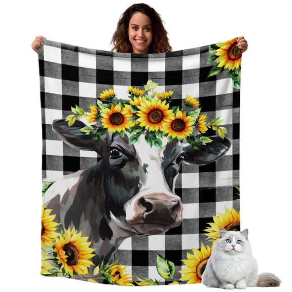Throw Blanket for Couch, Farm Watercolor Yellow Sunflower Soft Cozy Warm Flannel Blanket 30x40in, Retro Black White Check Lightweight Fleece Throw Blankets for Sofa Bedroom Office All Season Use