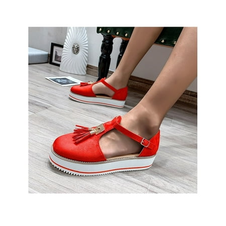 

Tenmix Womens Summer Sandal Ankle Strap Casual Shoes Low Heel Platform Sandals Fringe Heels Women Lightweight Fashion Dress Shoe Red 11