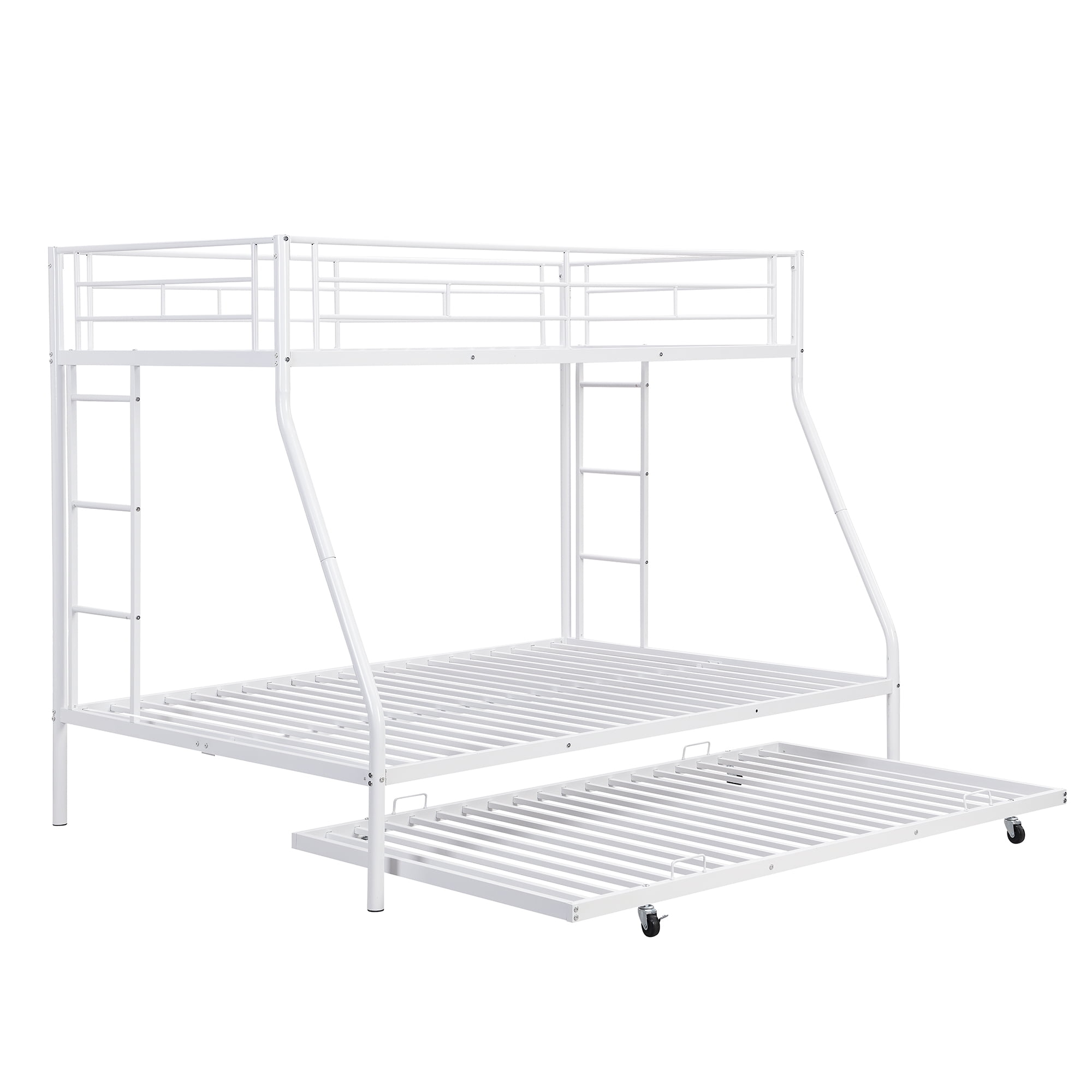 Euroco Metal Twin over Full Bunk Bed with Moveable Trundle & 2 Ladders for Bedroom, 3 Beds for Kids Teens Adults and Guests, White