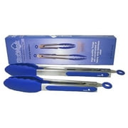 premium stainless steel silicone kitchen tongs 2 piece set - 12 inch barbecue (bbq) tongs and 9 inch salad tongs - blue