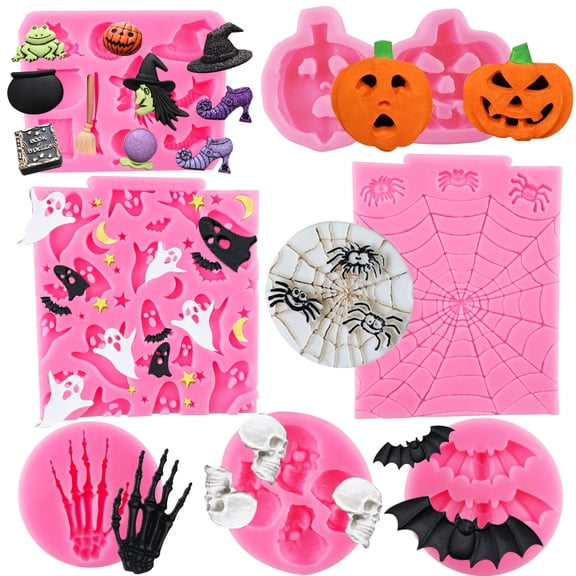 Winerming Halloween Silicone 7-Pack Pumpkin Cake & Cupcake Chocolate Skull Batskeleton Hand Bat Ghost Witch Candy Molds for Partynd Butterfly Candy - for Cake Decoration,Chocolate Fudge, Polymer Clay