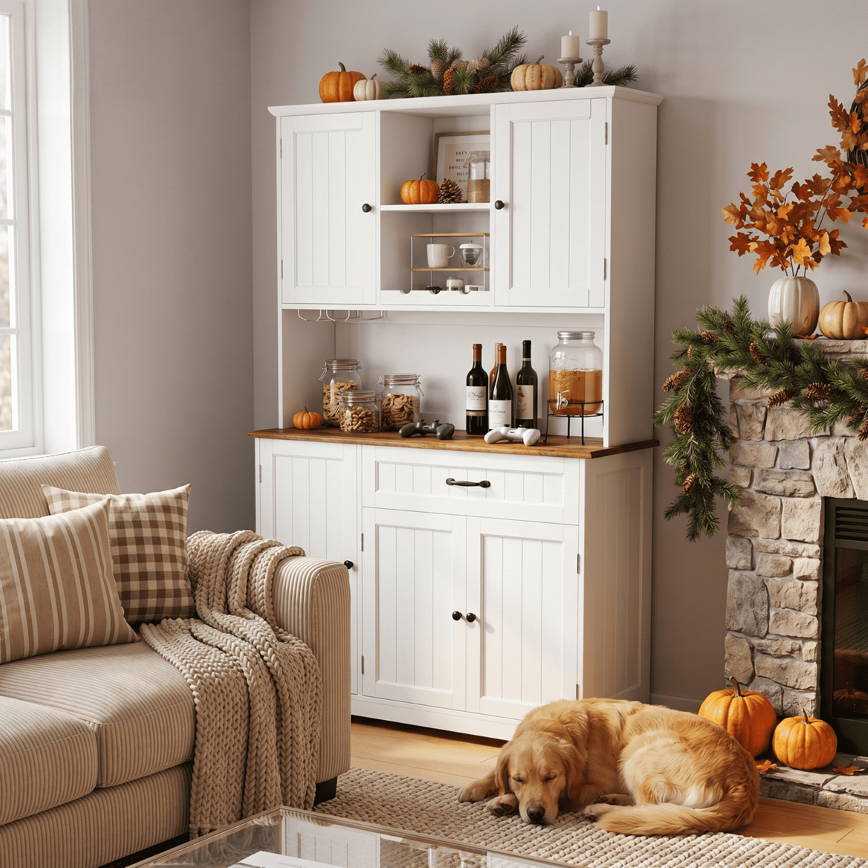 67" Kitchen Hutch Cabinet with 5 Doors and 14 Shelves, Noelse Large Wooden Kitchen Pantry Storage Cabinet with Drawer, Tall Coffee Bar for Dining Room, White and Rustic