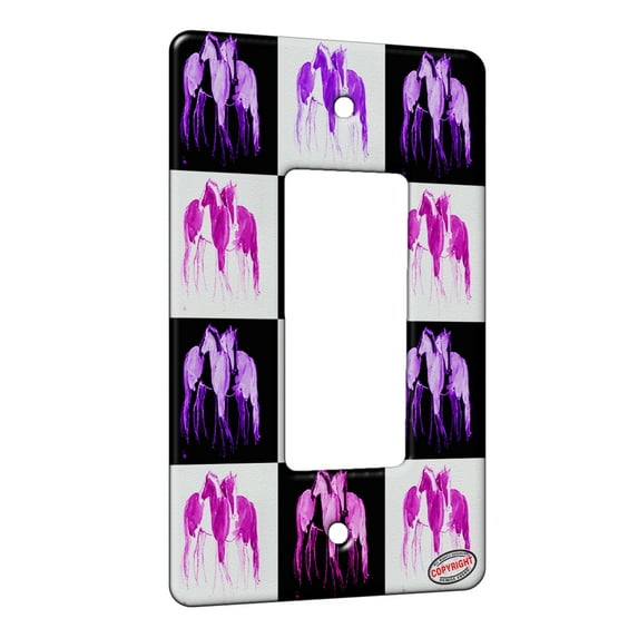 KuzmarK™ 1 Gang Rocker Wall Plate - Piebald Gypsy Cobs in Purple and Blue Abstract Horse Pink Pattern Art by Denise Every