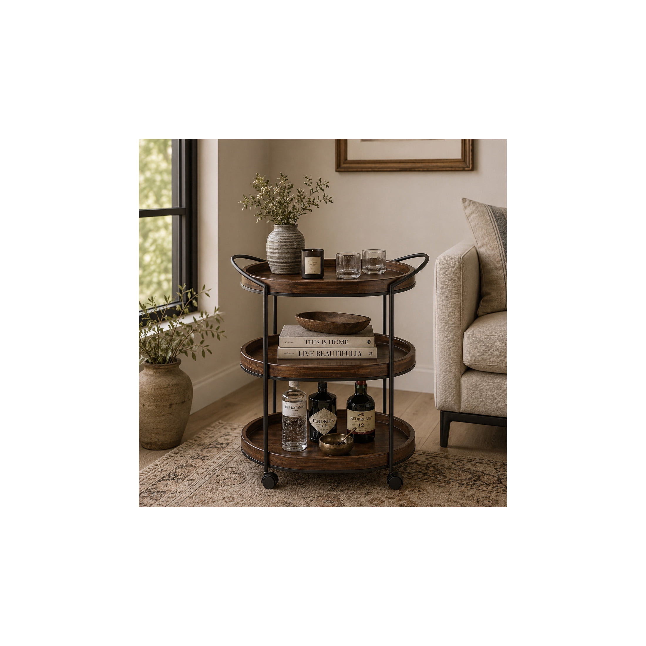 DecMode 25" x 30" Brown Wood Rolling Oval 3 Shelf Bar Cart with Black Metal Frame, 1-Piece