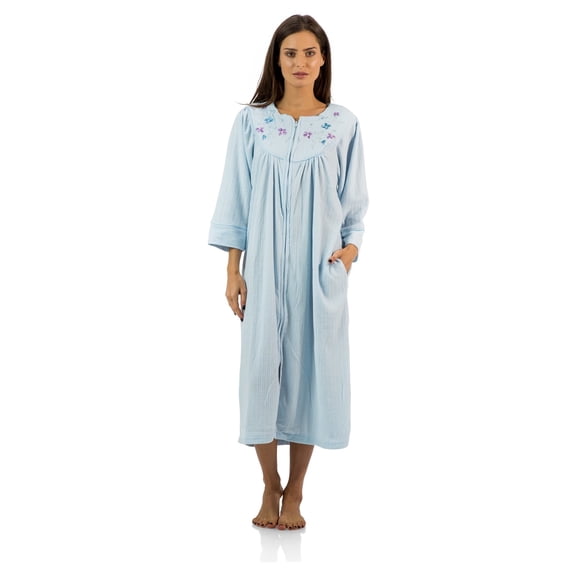 Casual Nights - Women's Jacquard Fleece Zip Front Robe, Duster For Ladies, 3/4 Sleeve Housecoat Duster with Pockets, 46 Inch Length, Blue Large