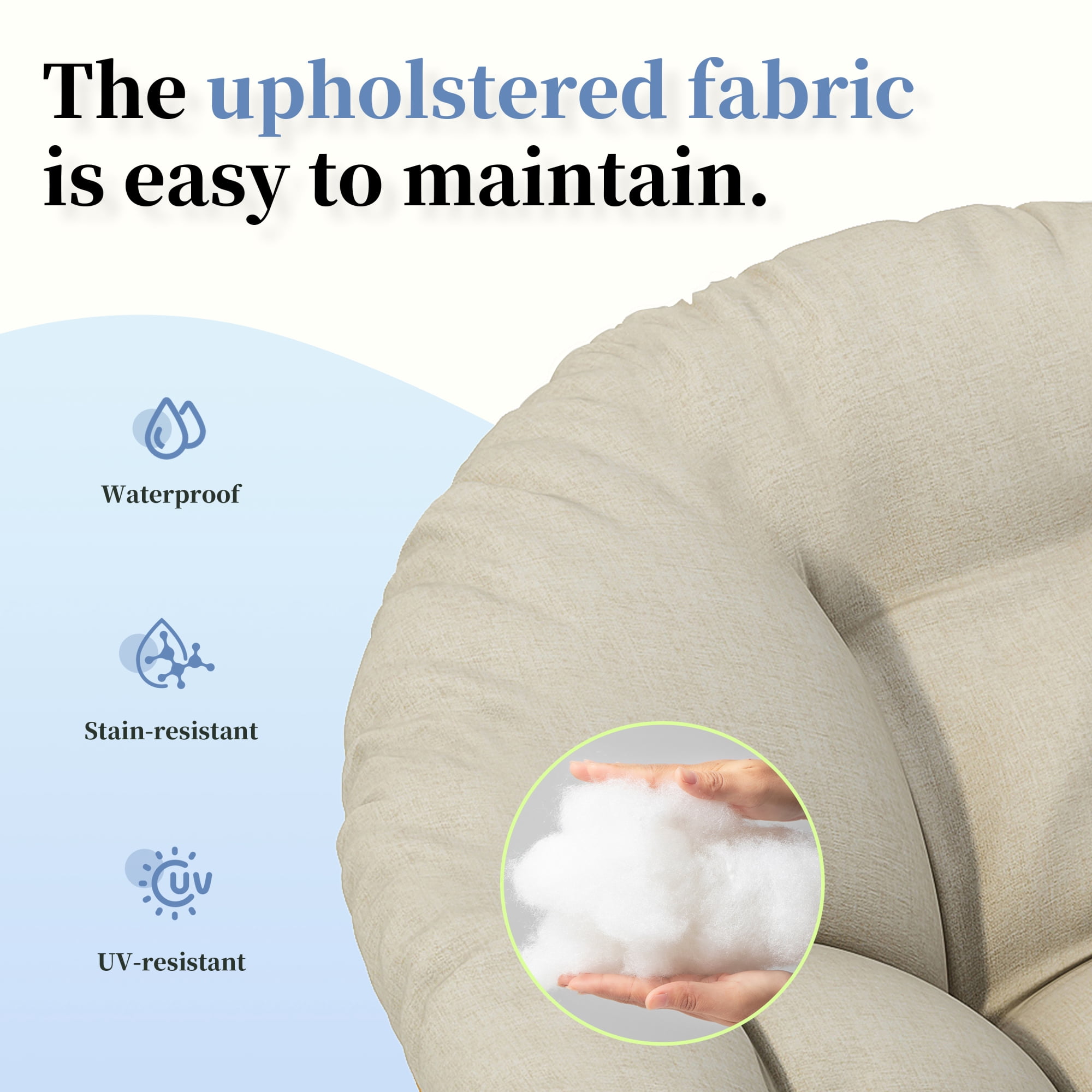 Leumius 40" Papasan Chair, Ergonomic Wicker Chair with Cloud Thick Density Fabric Cushion, Fluid 360 Degree Swivel for Reading,Living Room, Bedroom,Lounge,Gray Base, Beige+Natural Wood