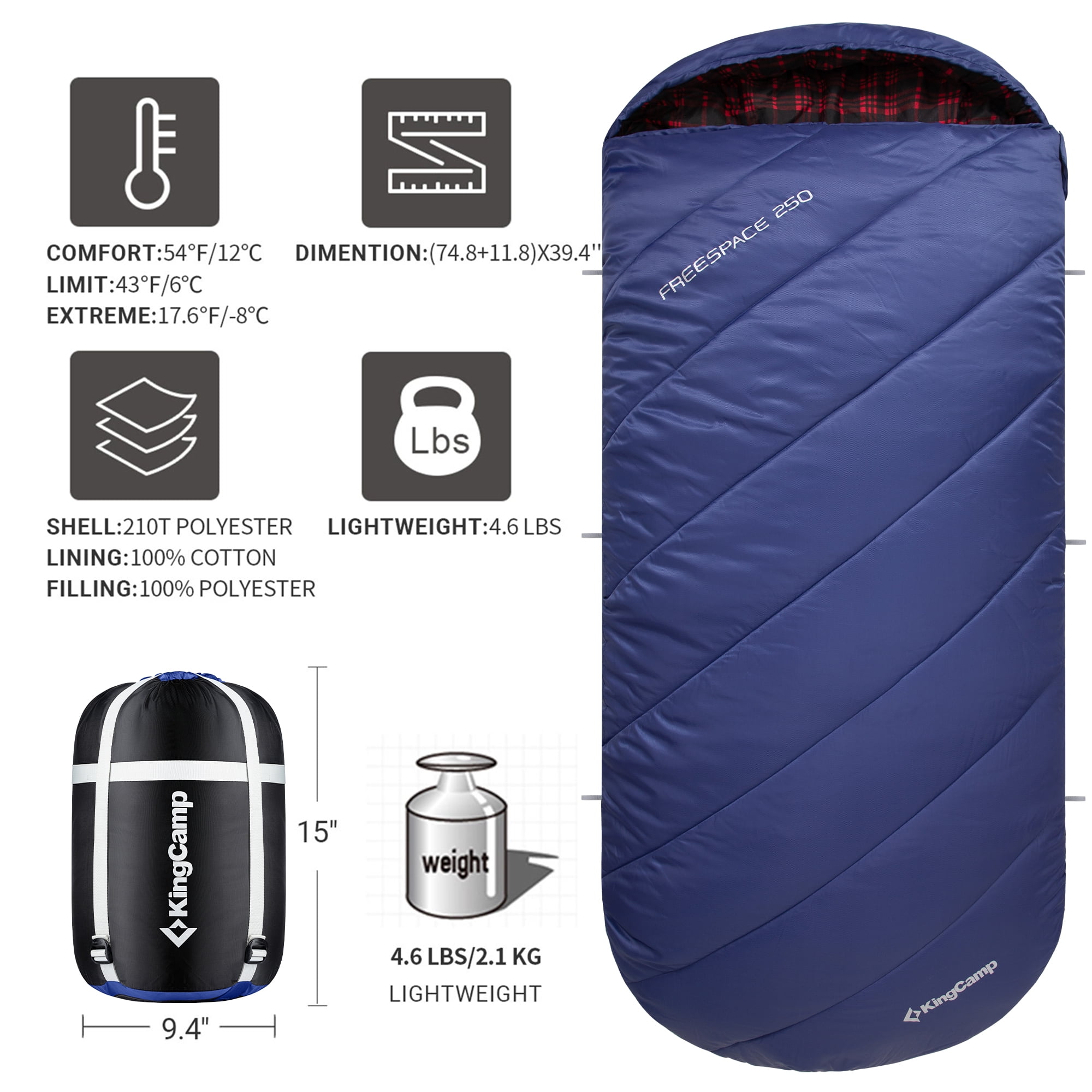 KingCamp XL Cotton Flannel Sleeping Bags, Oversized Weatherproof 3-Season Sleep bag with hood for Camping & Hiking & Backpacking, 17.6℉-54℉ (Navy)