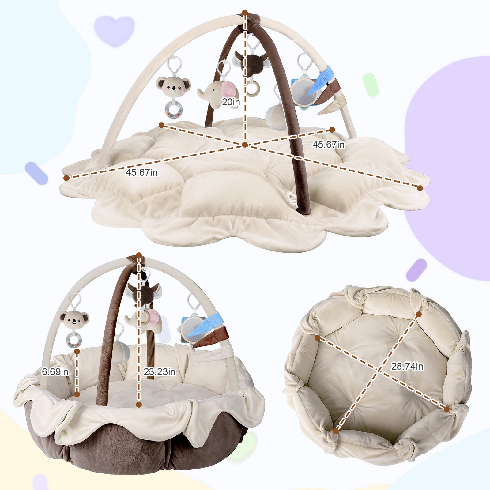 OMZER 5-in-1 Multifunctional Baby Play Gym, Washable Activity Mat with Sensory Toys, Non-Slip Baby Playmat, Beige