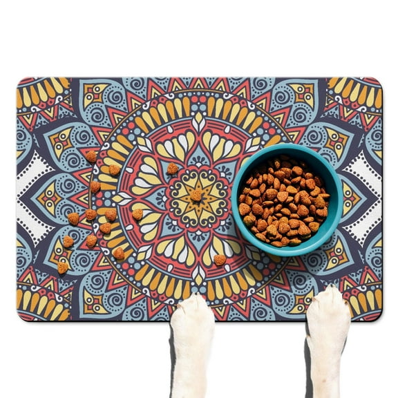 Dog Food Mat Featuring Mandala Ethnic Tribal Boho Folk Geometric Pattern, Durable Waterproof Absorbent Non-Slip Pet Feeding Mat