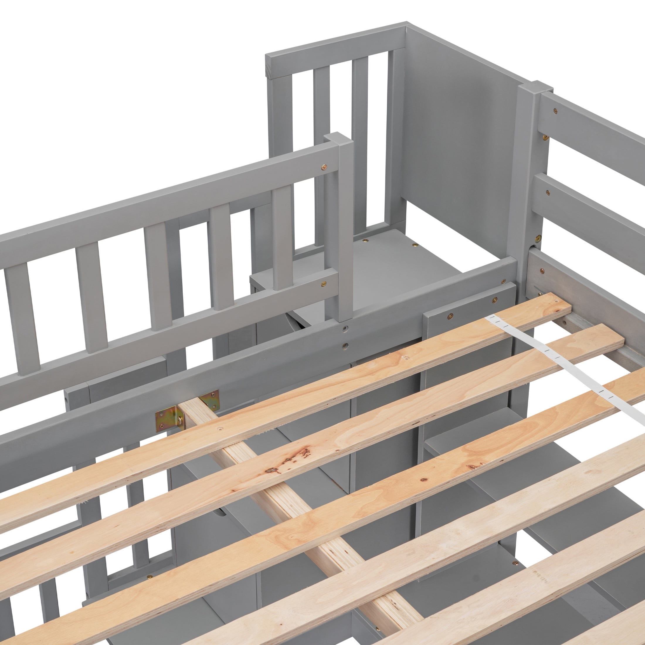 Noble House Full Size Loft Bed with Built-in Desk, Bookshelves and Storage Staircase, Pine Wood Frame, Grey