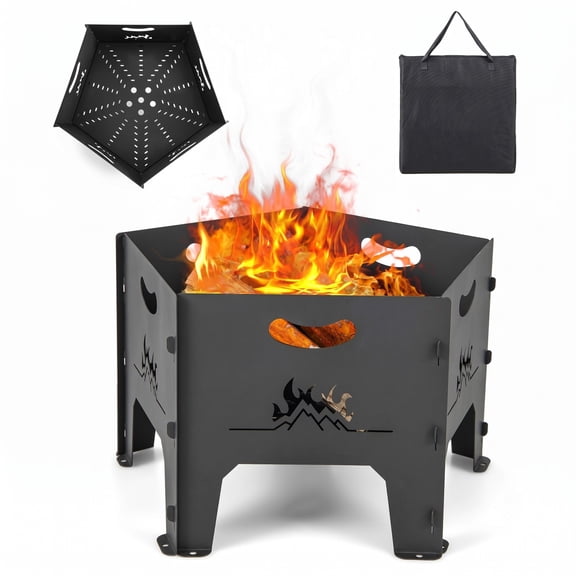 Biotree 19 Inch Collapsible Portable Fire Pit with Storage Bag, Carbon Steel Wood Burning Fire Pit for Camping Backyard Bonfire Patio, Black