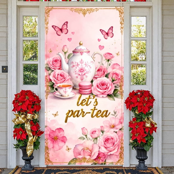 Pink Floral Tea Party Banner Gold Filigree Backdrop Watercolor Background for Bridal Shower Garden Party Ladies Gathering