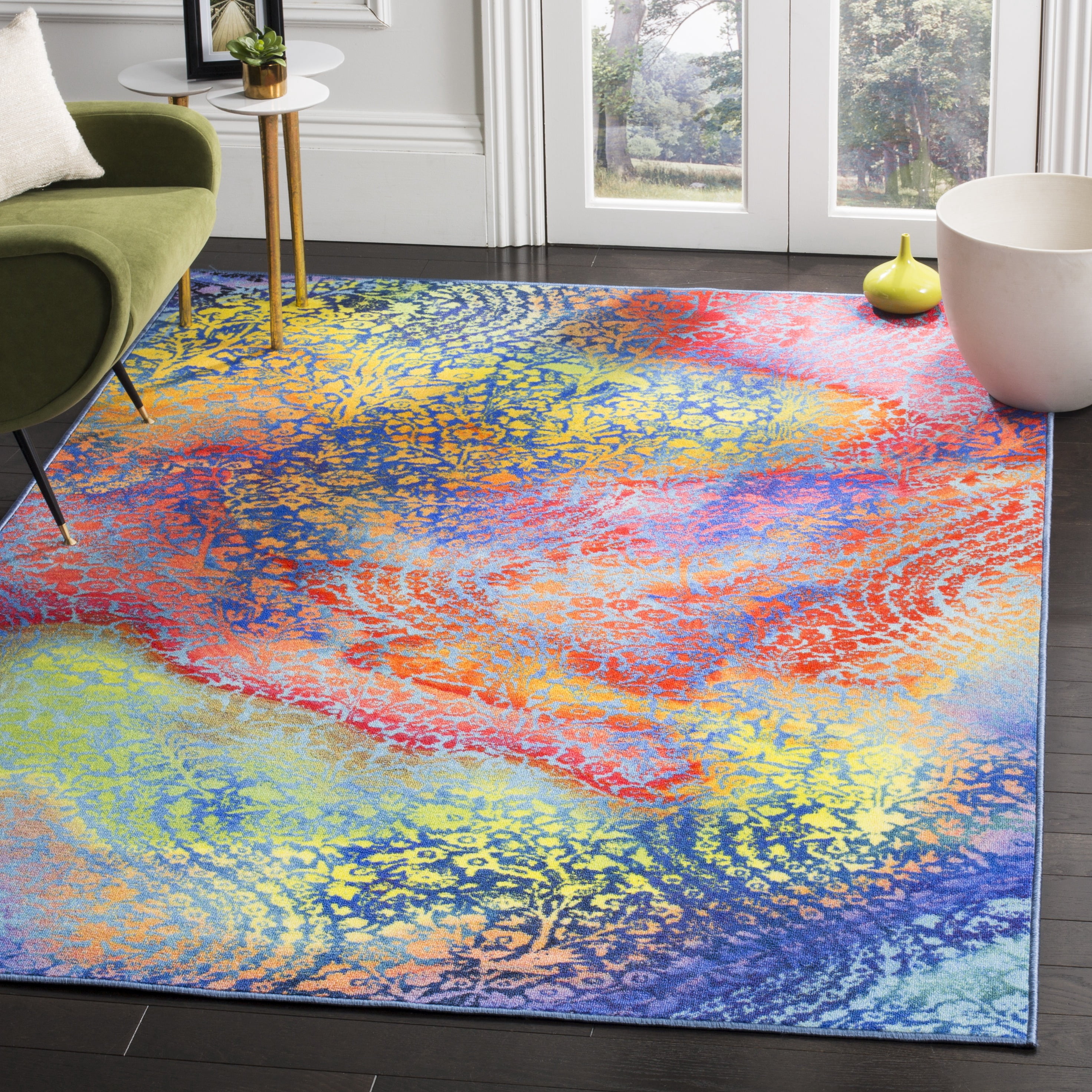 SAFAVIEH Painted Brush Lilly Novelty Area Rug, Blue/Coral, 5'1" x 7'6"