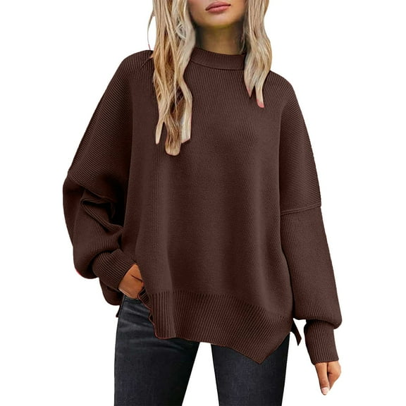 Women's Sweater Oversize Solid Long Sleeve Crew Neck Side Slit Ribbed Knitted Cozy Sweaters
