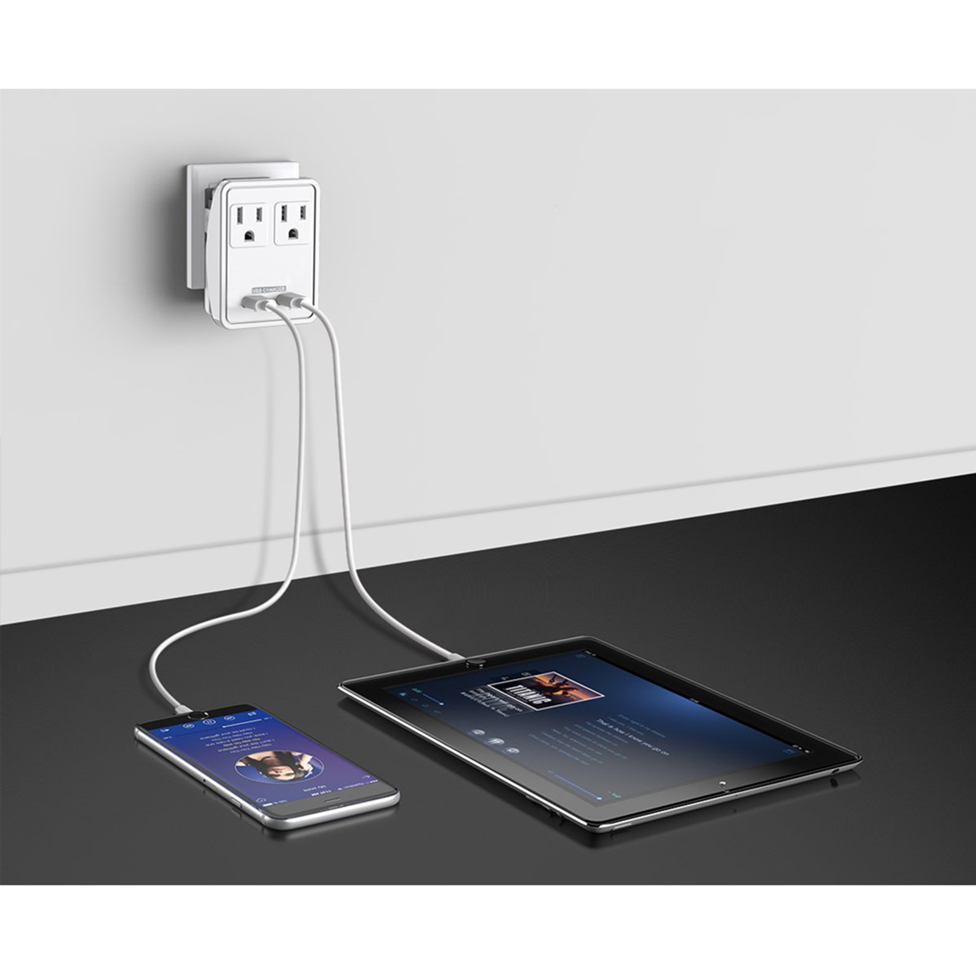 Uninex Compact Travel Wall Charger with 2-Outlet, 2.4A 2-USB, Foldable Plug, Built-in Micro USB Cable, UL Listed - image 3 of 6