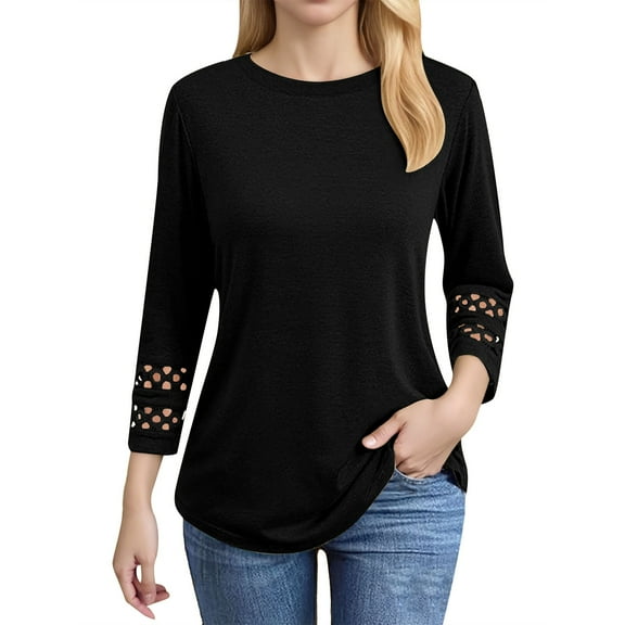 Lixiuxyad Casual T Shirts 3/4 Length Sleeve Womens Tops Crewneck Lace Tunic Business Casual Dressy Blouses Spring Trendy Clothes,Black L