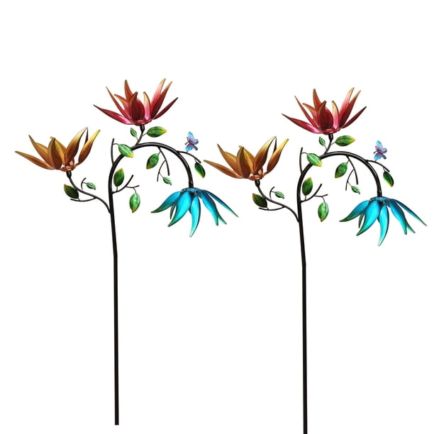 Molino de viento de metal para jardín con tres flores y mariposas giratorias, gran decoración para exteriores, 95 x 30 cm, resistente a la intemperie, para el hogar y el jardín.