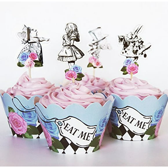 24 Vintage Alice in Wonderland Cupcake Toppers Picks + Wrappers by Red Fox Tail