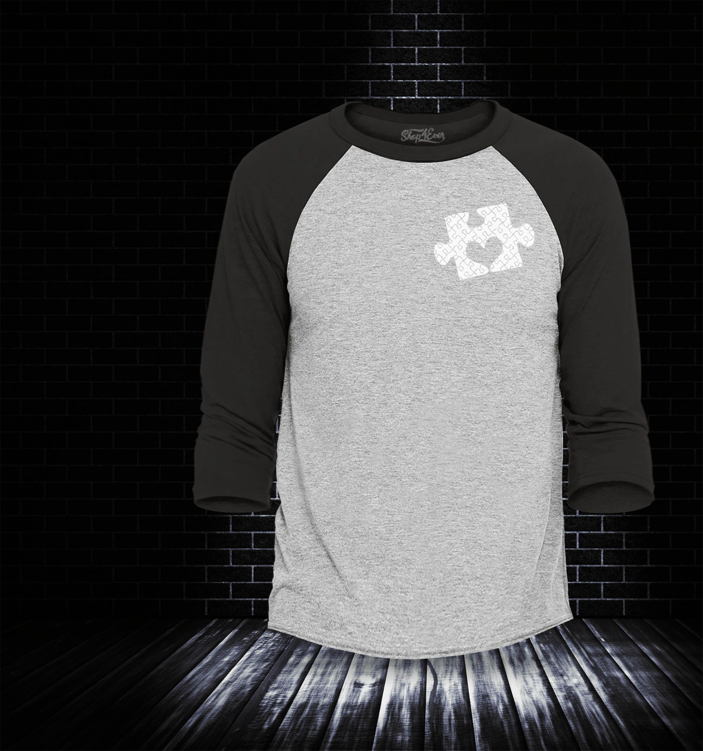 Shop4Ever Men's Small Heart Puzzle Piece Autism Awareness Raglan Baseball Shirt XXX-Large Heather Grey/Black