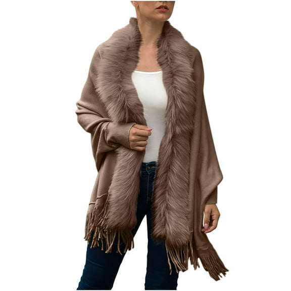 XFLWAM Faux Fur Neckline Shawl Wrap Cardigan Bridal Winter Wedding Long Sleeve Sweater Coat