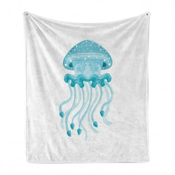 Aqua Jellyfish Soft Flannel Fleece Blanket, Print of a Single Image Marine Creature Floating Tropic Ocean Theme, Cozy Plush for Indoor and Outdoor Use, 50" x 70", Pale Blue and White, by Ambesonne