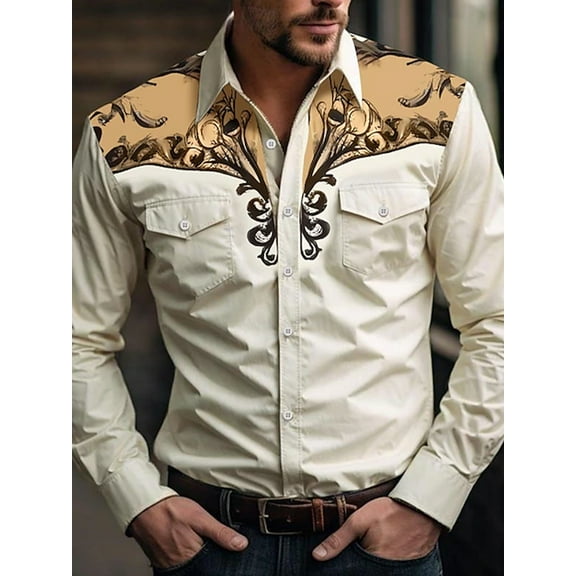 Men's Embroidered Western Cowboy Long Sleeve Dress Two Pockets Shirts Khaki XXL