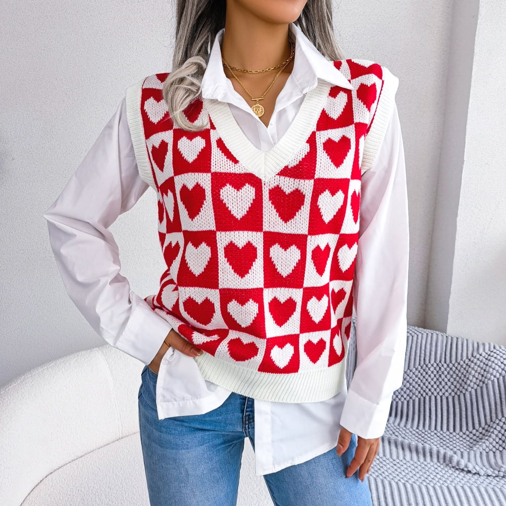 2023 Valentine's Day Women Heart Print Sweater Vest VNeck Sleeveless