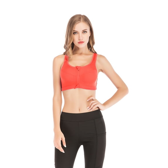 Women Zip Front Closure Sports Bra Medium Impact Push Up Wirefree Yoga Bras Workout Gym Bra Top, Orange, L