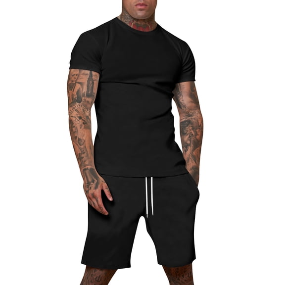 Kixjoy Men's 2 Piece Short Sets Lounge Short Sleeve Collared Shirt and Beach Shorts Set Big and Tall Cozy Vacation Outfits for Men, Black M