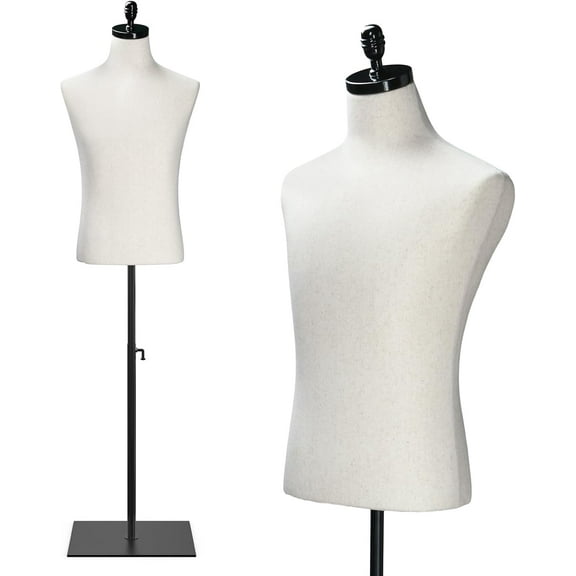 VINGLI Male Mannequin Torso with Wooden/Metal Stand, Adjustable Height Male Dress Form Body for Clothing Display and Sewing