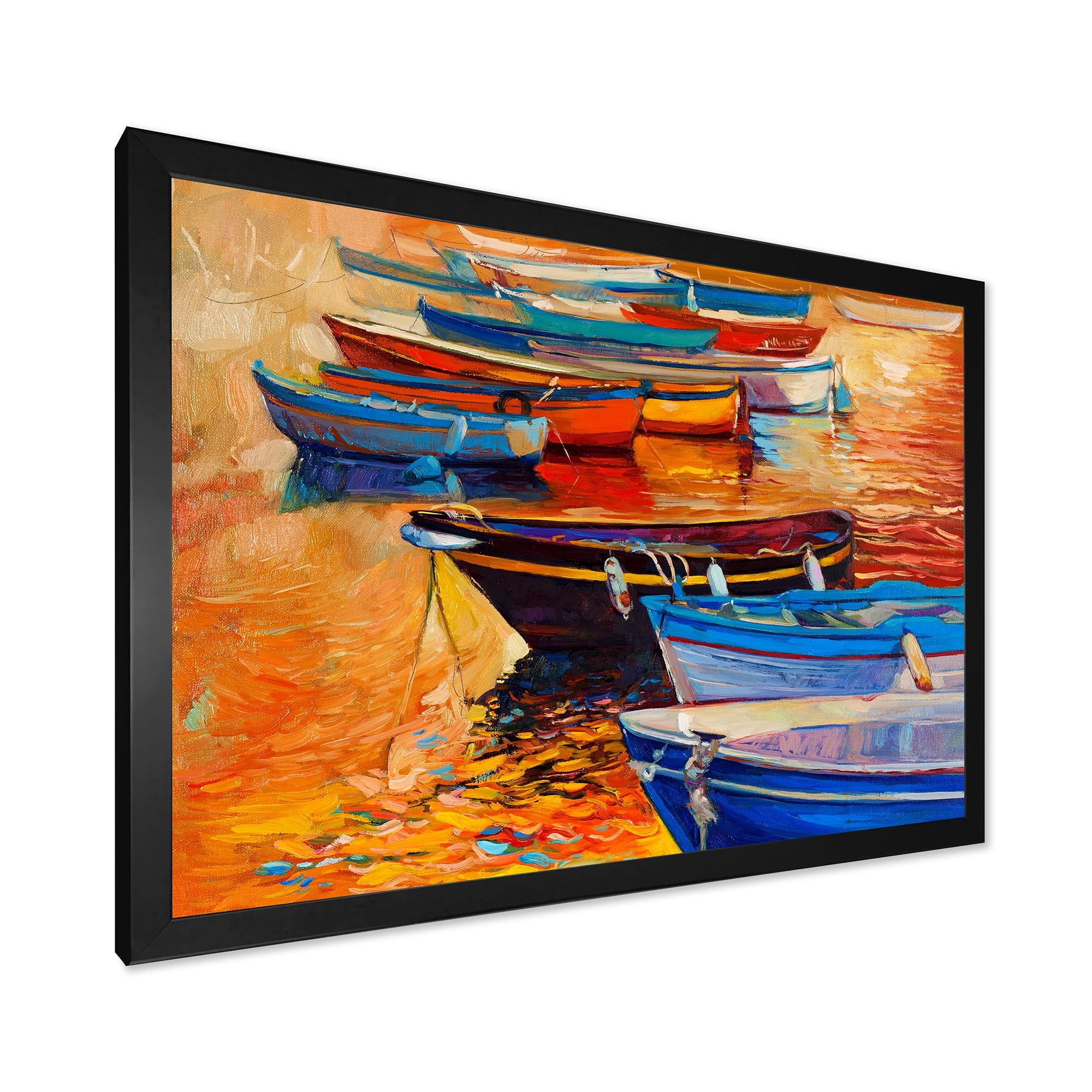 Boats During Warm Colored Sunset In The Harbor I 40 in x 30 in Framed Painting Canvas Art Print, by Designart