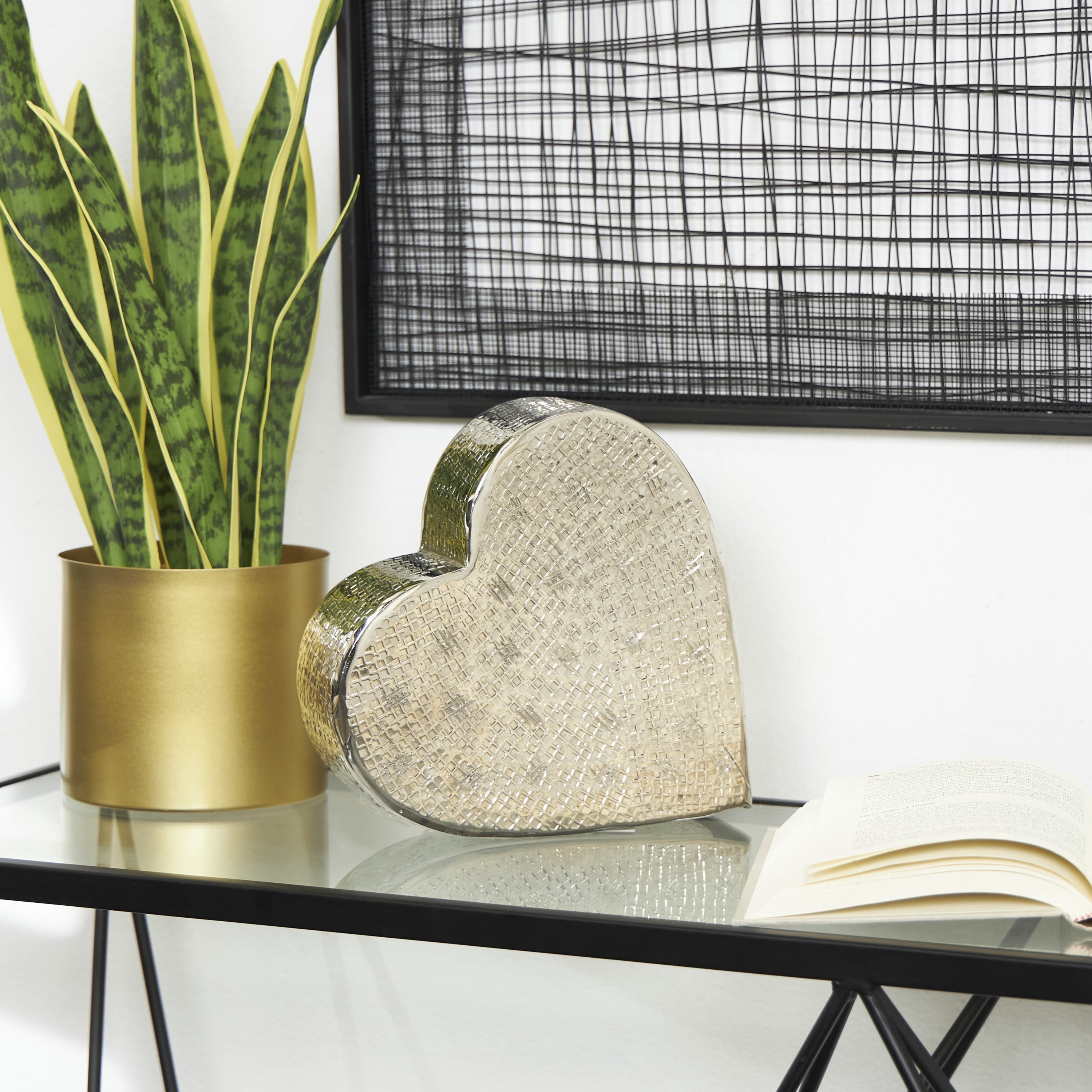 9" x 9" Silver Aluminum Slanted Heart Sculpture with Cube Textured Exterior, by DecMode
